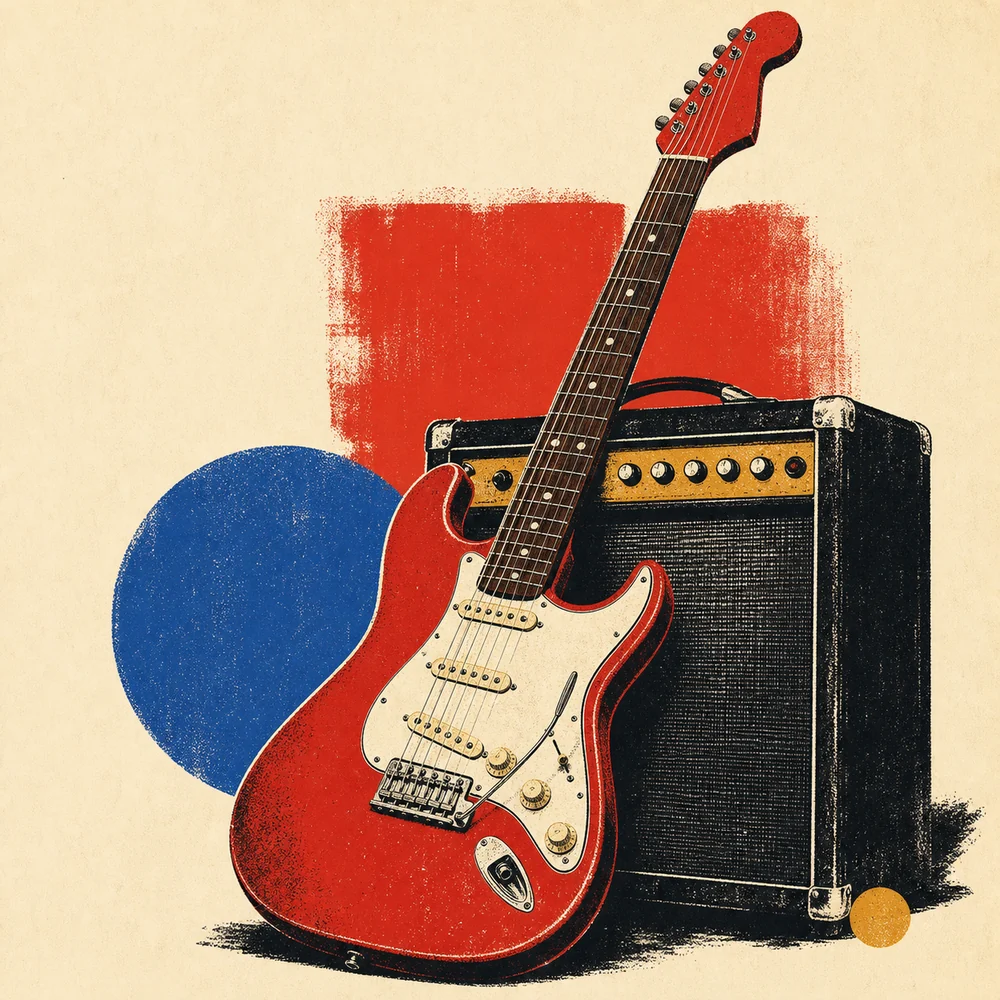 Chitarra elettrica rossa appoggiata a un amplificatore vintage